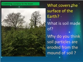 Establishing a purpose for the lesson
What covers the
surface of the
Earth?
What is soil made
of?
Why do you think
soil particles are
eroded from the
mound of soil ?
 