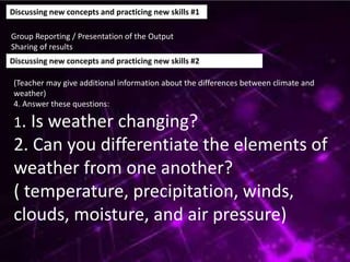 Discussing new concepts and practicing new skills #1
Group Reporting / Presentation of the Output
Sharing of results
Discussing new concepts and practicing new skills #2
(Teacher may give additional information about the differences between climate and
weather)
4. Answer these questions:
1. Is weather changing?
2. Can you differentiate the elements of
weather from one another?
( temperature, precipitation, winds,
clouds, moisture, and air pressure)
 