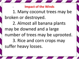 . Impact of the Winds
1. Many coconut trees may be
broken or destroyed.
2. Almost all banana plants
may be downed and a large
number of trees may be uprooted.
3. Rice and corn crops may
suffer heavy losses.
 