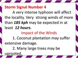 .
Storm Signal Number 4
A very intense typhoon will affect
the locality. Very strong winds of more
than 185 kph may be expected in at
least 12 hours.
Impact of the Winds
1. Coconut plantation may suffer
extensive damage.
2. Many large trees may be
uprooted.
 