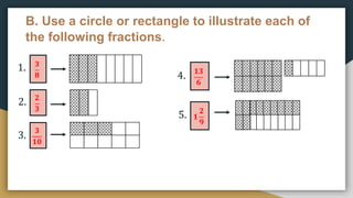 B. Use a circle or rectangle to illustrate each of
the following fractions.
𝟑
𝟖
𝟐
𝟑
𝟑
𝟏𝟎
𝟏𝟑
𝟔
𝟏
𝟐
𝟗
1.
2.
3.
4.
5.
 