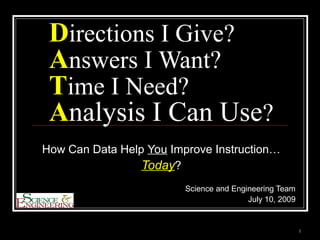 1
Directions I Give?
Answers I Want?
Time I Need?
Analysis I Can Use?
How Can Data Help You Improve Instruction…
Today?
Science and Engineering Team
July 10, 2009
 