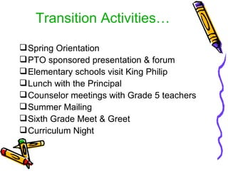 Transition Activities… Spring Orientation PTO sponsored presentation & forum Elementary schools visit King Philip Lunch with the Principal Counselor meetings with Grade 5 teachers Summer Mailing Sixth Grade Meet & Greet Curriculum Night 