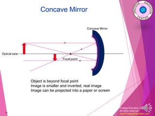 Protégé Education Center, LLC
All rights reserved
www.ProtegeEducation.com
Concave Mirror
12
Optical axis
*Focal point
>
Concave Mirror
Object is beyond focal point
Image is smaller and inverted, real image
Image can be projected into a paper or screen
<
 