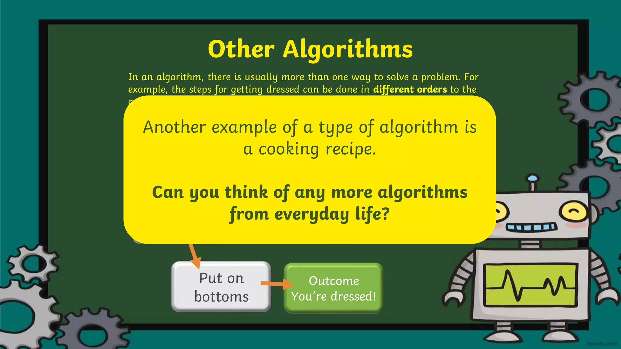 Other Algorithms
In an algorithm, there is usually more than one way to solve a problem. For
example, the steps for getting dressed can be done in different orders to the
order you’ve just seen, but will still have the same outcome.
Undress
Choose
outfit
Put on
underwear
Put on socks
Put on top
Put on
bottoms
Outcome
You’re dressed!
Another example of a type of algorithm is
a cooking recipe.
Can you think of any more algorithms
from everyday life?
 