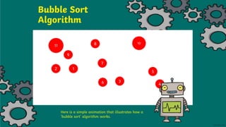 Bubble Sort
Algorithm
11
10
1
2
9
8
3
5
7
6 4
Here is a simple animation that illustrates how a
‘bubble sort’ algorithm works.
 