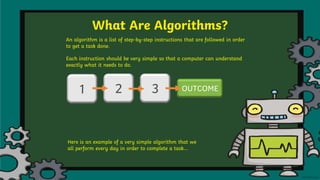 OUTCOME
3
2
What Are Algorithms?
An algorithm is a list of step-by-step instructions that are followed in order
to get a task done.
Each instruction should be very simple so that a computer can understand
exactly what it needs to do.
1
Here is an example of a very simple algorithm that we
all perform every day in order to complete a task…
 