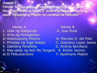 Gawain 1
Panuto: Itambal ang mga katawagan sa hanay A sa mga
bayaning Pilipino sa hanay B. Isulat ang sagot sa sagutang
papel. Natatanging Pilipino na Lumaban sa Kalayaan
Hanay A Hanay B
1. Utak ng Katipunan A. Jose Rizal
2. Ama ng Himagsikan
at Rebolusyong Pilipino B. Marcelo H. del Pilar
3. Prinsipe ng mga Orador C. Graciano Lopez Jaena
4. Dakilang Paralitiko D. Andres Bonifacio
5. May-akda ng Noli Me Tangere E. Emilio Jacinto
at El Filibusterismo F. Apolinario Mabini
 