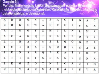 Gawain 3
Panuto: Nasa loob ng kahon ang pangalan ng mga bayaning
nakipaglaban tungo sa kalayaan. Kulungin ito ng guhit. Maaaring
patayo, pahiga, o dayagonal.
 