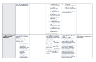 Kung ikaw ang nag kukwento,
ano ang mararamdaman mo?
● Sa pangungusap sa A,
ano ang pang-uri? Ano
at ilan ang
inilalarawan nito?
Sa pangungusap sa B.
1., ano ang pang-uri?
Ano ang
pinaghahambing nito?
● Ilan ang pinaghambing?
● Magkatulad ba ang
katangiang
inihahambing?
● Sa pangungusap sa B-2,
ano ang pang-uri? Ano
ang
pinaghahambing nito?
● Sa pangungusap sa C,
ano ang pang-uri? Ano
ang
pinaghahambing?
Ilan ang pinaghahambing?
5. Anong mga
makabagong kagamitan
ang nakatutulong sa
iyong pag-aaral? Paano?
Mayroon ba kayong dalang mga
makabagong kagamitan
F. Paglinang ng Kabihasaan
( tungo sa Formative
Assessment )
Pag-aralan ang sumusunod na
mga pangyayari sa nabasang
kuwento.
Bilugan ang bilang ng
pangyayari sa kuwento na
naranasan mo na.
1. Natutuwa ka kapag
may nakapansin sa
iyong mga tao.
2. Pabili ng payong dahil
tag-ulan na naman.
3. Maingat sa pagdadala
ng payong
4. Habang nasa
sasakyan at
mayroong kasama at
ka kuwentuhan at
biglang papara dahil
Punan ang patlang ng wastong
anyo ng pang-uri na angkop sa
pangungusap. Isulat ang sagot sa
sagutang papel.
1. Sina Edward at Ramon ay
____________ (taas).
2. ____________ (bilis) ang usa
kung tumakbo.
3. Ang aking bunsong kapatid ang
____________ (likot) sa mga
batang lalaki.
4. ____________ (hinahon) siya
sa lahat ng oras at pagkakataon.
5. Ang hilaw na mangga ay
___________ (asim) kaysa sa
sampalok.
At Natutong Magluto ng Almusal
si Genio
Ni NERISSA S. ALARDE
Tuwing umaga, kinasanayan na
ni Genio na gumising nang
maaga, maghanda ng maaga
para pumasok sa paaralan. Dahil
sa simula pa lang, nasa
mababang antas pa lamang siya,
tinuruan na siya ng kanyang
Nanay Minda na maghanda ng
sarili sa pagpasok sa paaralan.
Dapat, pagkagising sa umaga,
ililigpit muna ni Genio ang
kanyang kama, iaayos ang mga
unan, titiklupin ang kumot at
ilalagay sa nakalaang lalagyan
para sa mga ginamit sa pagtulog.
Matapos na maiayos ang
Gawin Mo:
Pumili ng paksa sa ibaba at sumulat
ng komposisyon.
 