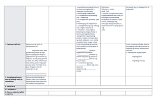 - ang dalawang pinaghahambing
ay maaaring magkatulad o
magkaiba ang katangian
• Hambingang magkatulad
o a. Ginagamitan ng panlaping
sing, - magkasing
o b. Ginagamitan ng kapwa, gaya,
paris
• Hambingang Di-magkatulad
o a. Ginagamitan ng mga salitang
mas o higit at kaysa o sa
3. Pasukdol – kung higit sa
dalawang tao, bagay, hayop o
pook ang pinaghahambing.
- ginagamitan ng panlaping
pinaka o napaka o sinasamahan
ng ubod, sukdulan, nuno, lubha,
masyado, totoo, talaga, tunay
Halimbawa
Cell phone - selfon
Book - buk
3. Hiramin na ng buo ang salita
Kapag mawawala ang tunay na
kahulugan ng salita kapag
tinumbasan sa Filipino, o kaya
naman, mababago ang
kahulugan kapag binaybay sa
Filipino, hiramin na lang ng buo
ang
salita.
Nararapat lang na ito’y gamitin at
ipagmalaki
I. Pagtataya ng Aralin Iugnay moa ng sanhi sa
pangyayaring ito:
Pagsusulit noon. May
ginawa kang talaan ng mga
petsa at pangyayari hingil sa
pagkakaroon ng kasarinlan ng
Pilipinas. Ito ang iyong ginamit
sa balik-aral. May nakalimutan
kang limang petsa. Ang papel
ay nasa bulsa. Tumingin ka sa
guro. Ang guro pala ay
nakatingin sa iyo.
________________________
________________________
Punan ang patlang ng wastong
anyo ng pang-uri na aangkop sa
pangungusap.
1. _____________ (sipag) si
Reggie kaysa kay Melie.
2. _____________ (lambot) ng
mamon ang puso ng pinsan ko.
3. _____________ (talino) ang
kuya ni Joyce.
4 – 5. Sa lahat ng prutas,
____________ (baho) ang amoy
ng durain
subalit ito ang ___________
(sarap).
Pumili ng paksa sa ibaba. Gamitin
ang bagong salitang natutunan sa
pagsulat ng sariling komposisyon
ukol dito.
a. Kahalagahan ng Kalusugan
Ang Pag-aaral
Ang Aking Pamilya
J. Karagdagang Gawain
para sa takdang aralin at
remediation
Bumasa ng isang bahagi sa
bibliya. Isulat mo sa maikling
pangungusap kung paano mo
ito inugnay sa ioyng buhay.
V. MGA TALA
VI. PAGNINILAY
A. Bilang ng nakakuha ng 80%
sa pagtataya
 