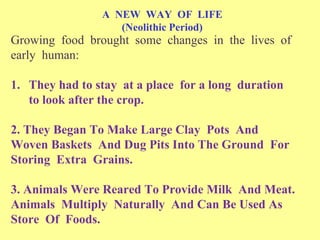 A NEW WAY OF LIFE
(Neolithic Period)
Growing food brought some changes in the lives of
early human:
1. They had to stay at a place for a long duration
to look after the crop.
2. They Began To Make Large Clay Pots And
Woven Baskets And Dug Pits Into The Ground For
Storing Extra Grains.
3. Animals Were Reared To Provide Milk And Meat.
Animals Multiply Naturally And Can Be Used As
Store Of Foods.
 