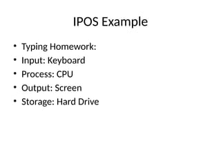 IPOS Example
• Typing Homework:
• Input: Keyboard
• Process: CPU
• Output: Screen
• Storage: Hard Drive
 