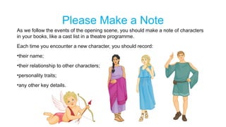 As we follow the events of the opening scene, you should make a note of characters
in your books, like a cast list in a theatre programme.
Each time you encounter a new character, you should record:
•their name;
•their relationship to other characters;
•personality traits;
•any other key details.
Please Make a Note
 