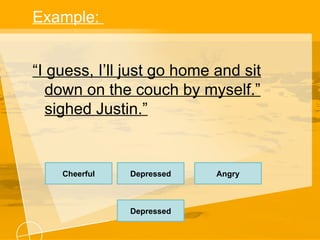 Example:
“I guess, I’ll just go home and sit
down on the couch by myself.”
sighed Justin.”
Cheerful Depressed
Depressed
Angry
 