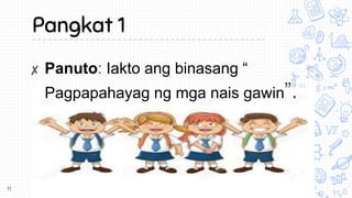 Pangkat 1
11
✘ Panuto: Iakto ang binasang “
Pagpapahayag ng mga nais gawin”.
 