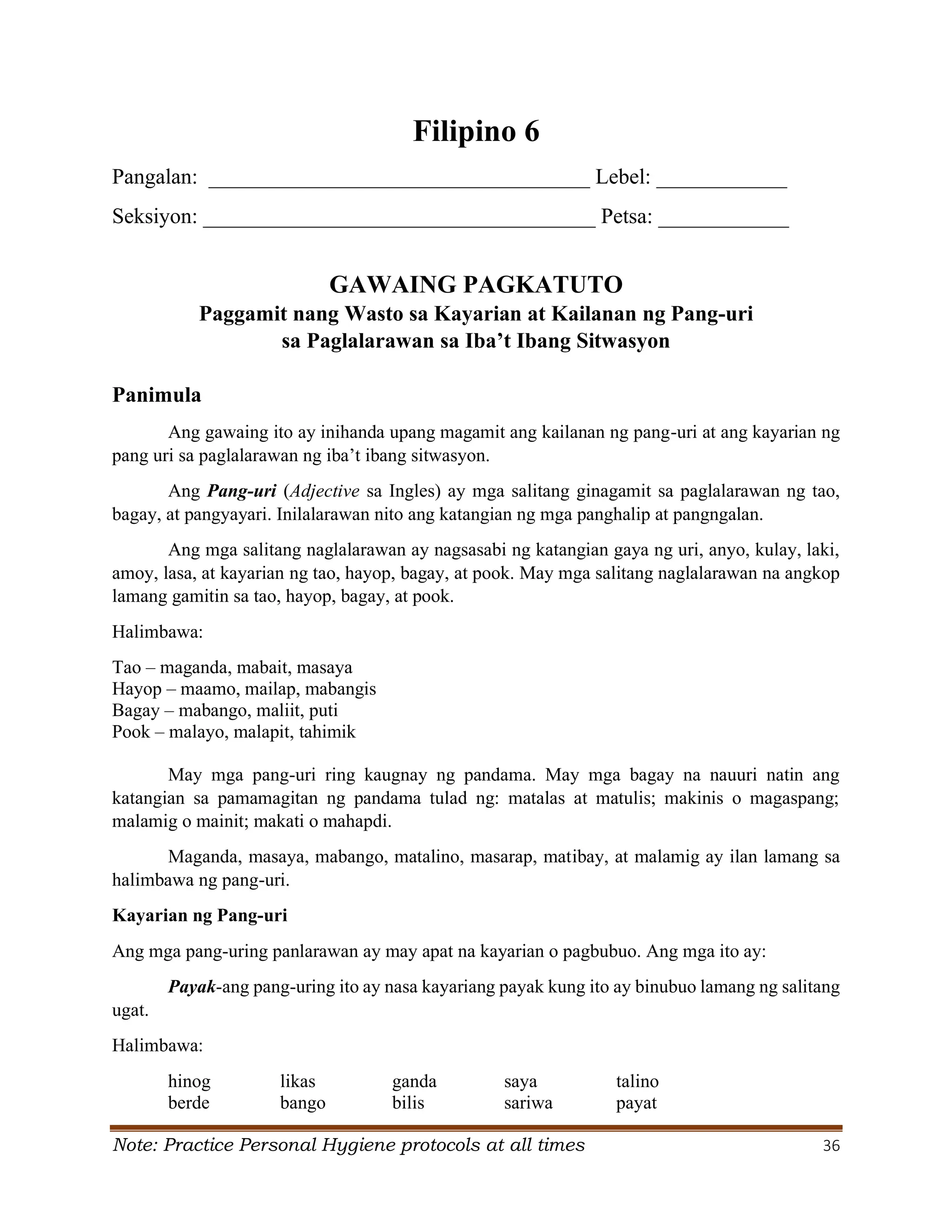Grade 6 Q2 Filipino LAS.pdf S. Y. 2024- 2025 | PDF