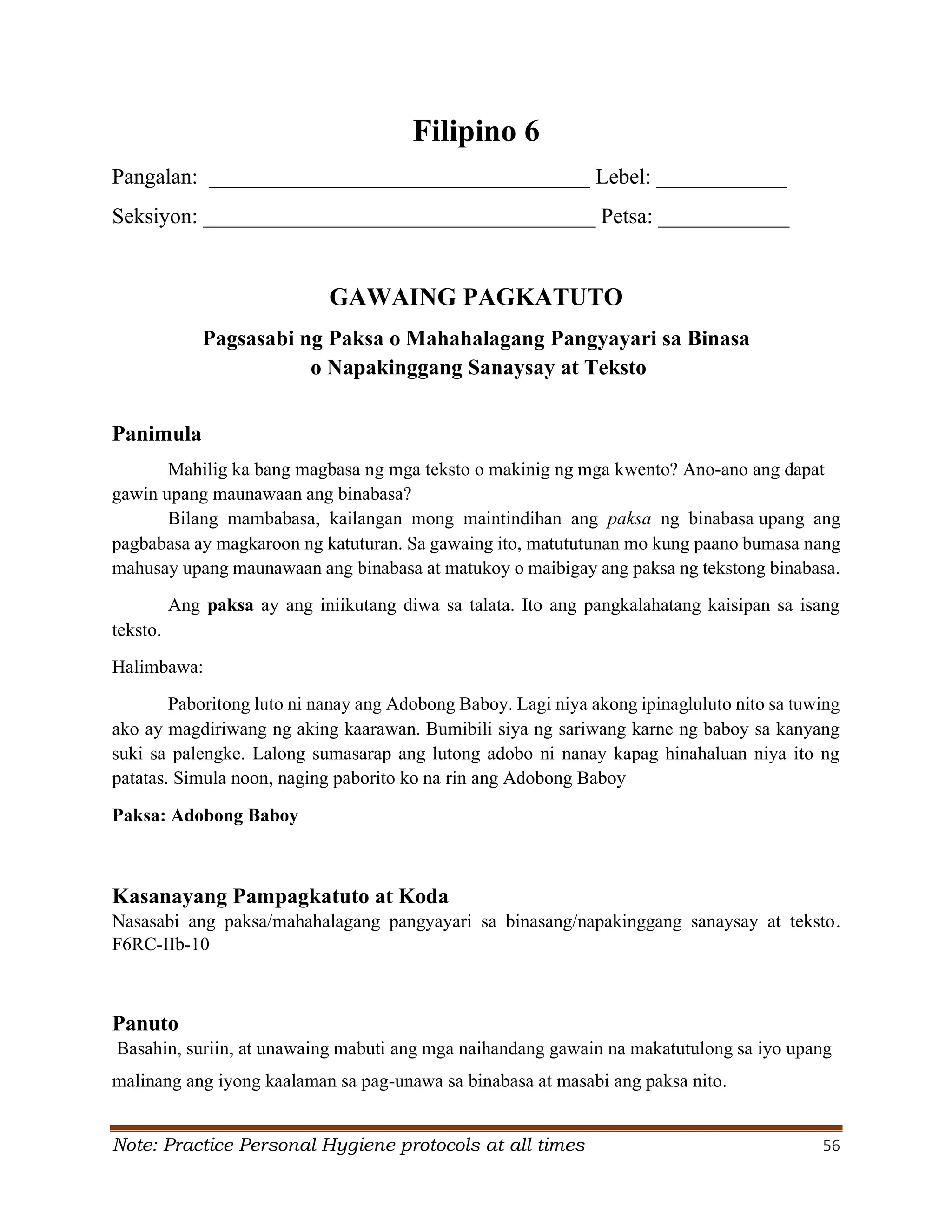Grade 6 Q2 Filipino LAS.pdf S. Y. 2024- 2025 | PDF