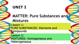 UNIT I
MATTER: Pure Substances and
Mixtures
Lesson 1:
PURE SUBSTANCES: Elements and
Compounds
Lesson 2:
MIXTURES: Homogeneous and
Heterogeneous
 