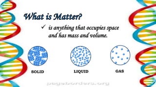  is anything that occupies space
and has mass and volume.
SOLID LIQUID GAS
 