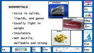 NONMETALS
Exist in solids,
liquids, and gases
Usually light in
weight
Insulators
NOT ductile,
malleable and strong
 