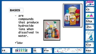 BASES
- are
compounds
that produce
hydroxide
ions when
dissolved in
water.
bitter
 