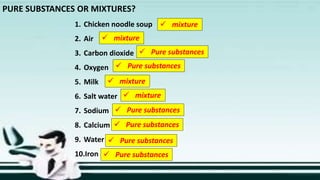 PURE SUBSTANCES OR MIXTURES?
1. Chicken noodle soup
2. Air
3. Carbon dioxide
4. Oxygen
5. Milk
6. Salt water
7. Sodium
8. Calcium
9. Water
10.Iron
 mixture
 Pure substances
 mixture
 mixture
 Pure substances
 Pure substances
 Pure substances
 Pure substances
 mixture
 Pure substances
 