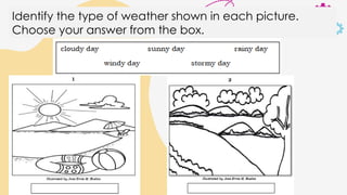 Identify the type of weather shown in each picture.
Choose your answer from the box.
 