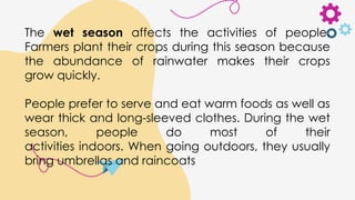 The wet season affects the activities of people.
Farmers plant their crops during this season because
the abundance of rainwater makes their crops
grow quickly.
People prefer to serve and eat warm foods as well as
wear thick and long-sleeved clothes. During the wet
season, people do most of their
activities indoors. When going outdoors, they usually
bring umbrellas and raincoats
 