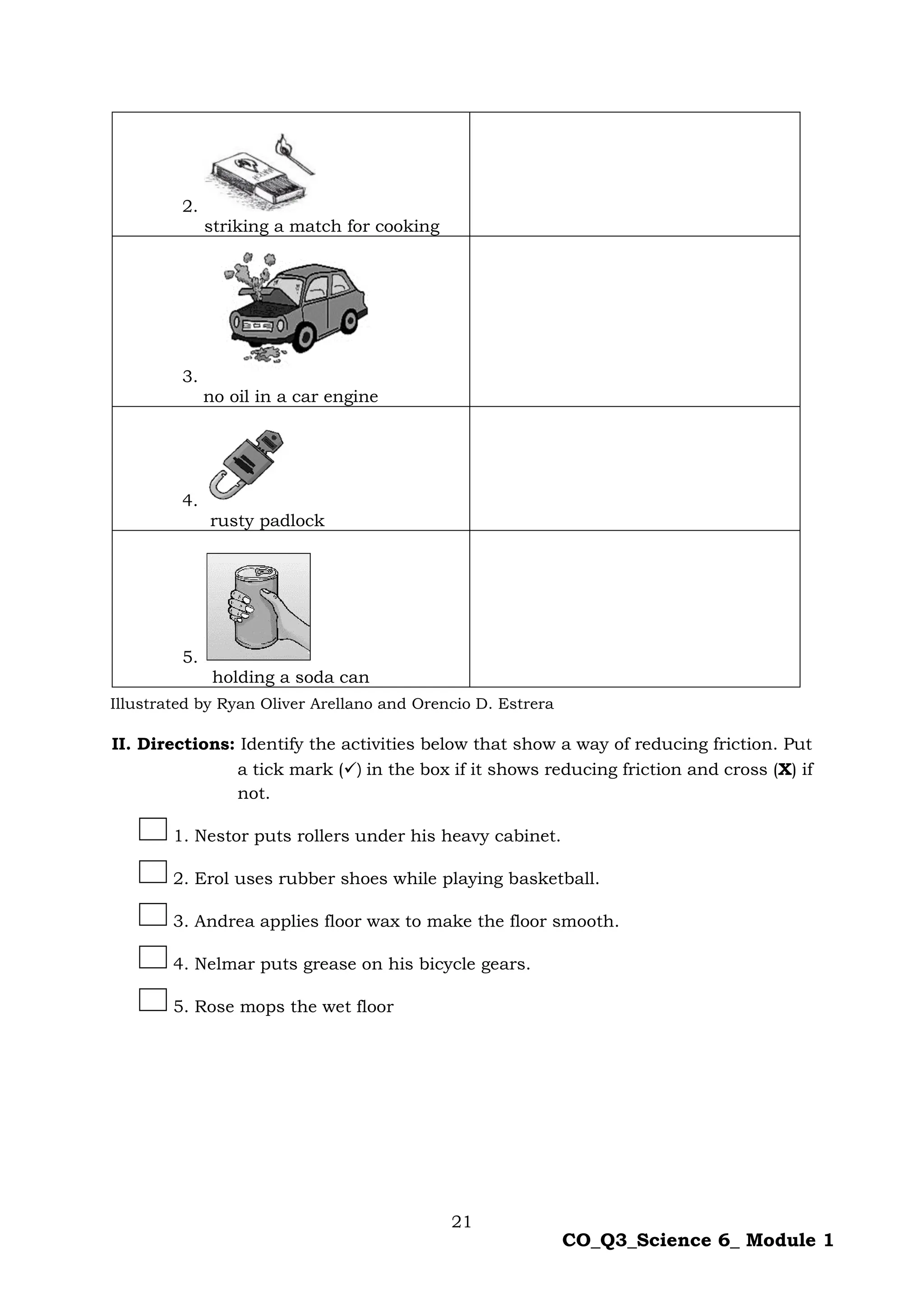 21
CO_Q3_Science 6_ Module 1
2.
striking a match for cooking
3.
no oil in a car engine
4.
rusty padlock
5.
holding a soda can
II. Directions: Identify the activities below that show a way of reducing friction. Put
a tick mark () in the box if it shows reducing friction and cross (X) if
not.
1. Nestor puts rollers under his heavy cabinet.
2. Erol uses rubber shoes while playing basketball.
3. Andrea applies floor wax to make the floor smooth.
4. Nelmar puts grease on his bicycle gears.
5. Rose mops the wet floor
Illustrated by Ryan Oliver Arellano and Orencio D. Estrera
 