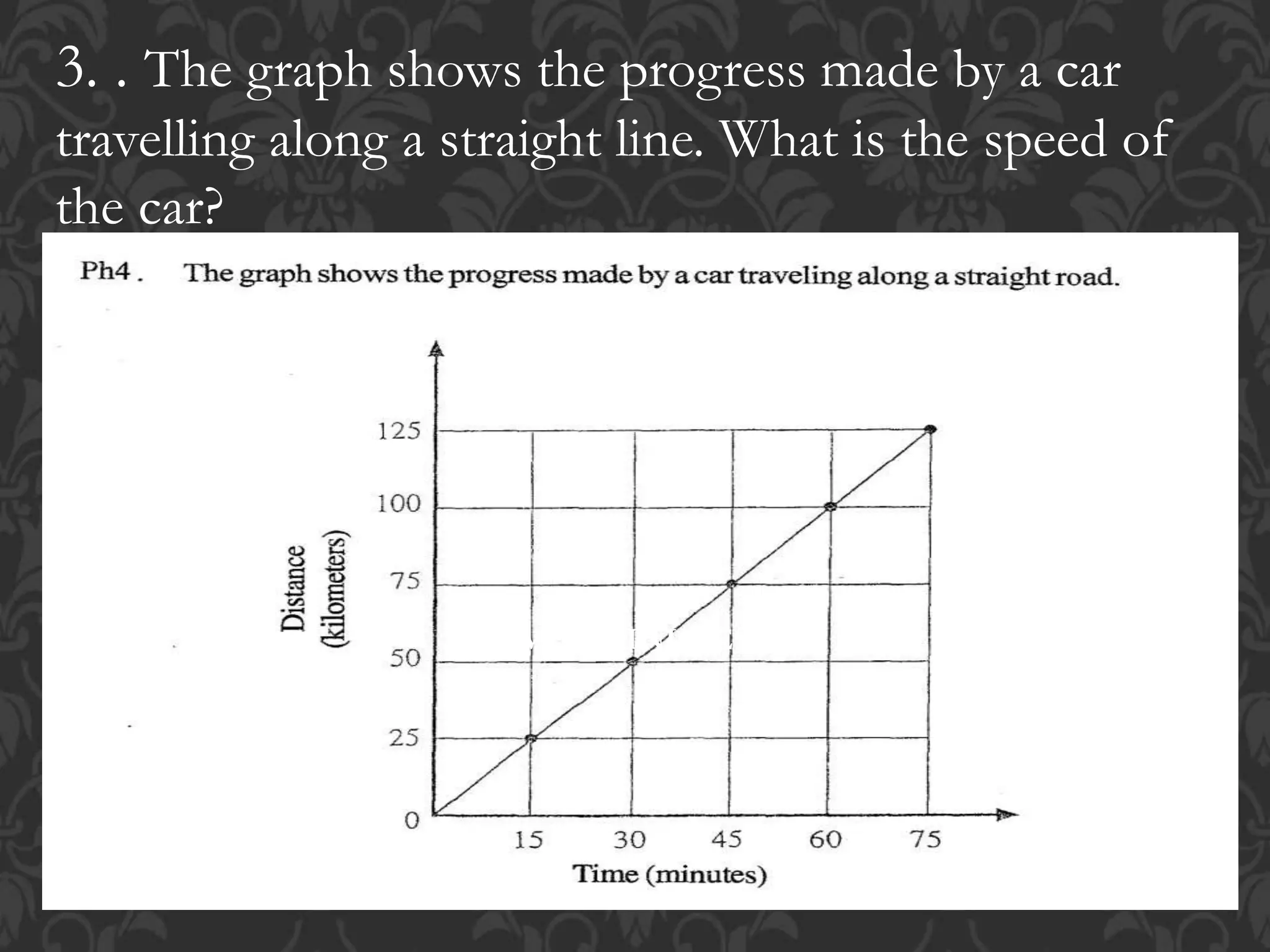 3. . The graph shows the progress made by a car
travelling along a straight line. What is the speed of
the car?
TIME ( MINUTES)
DISTANC
E
(kms).
 