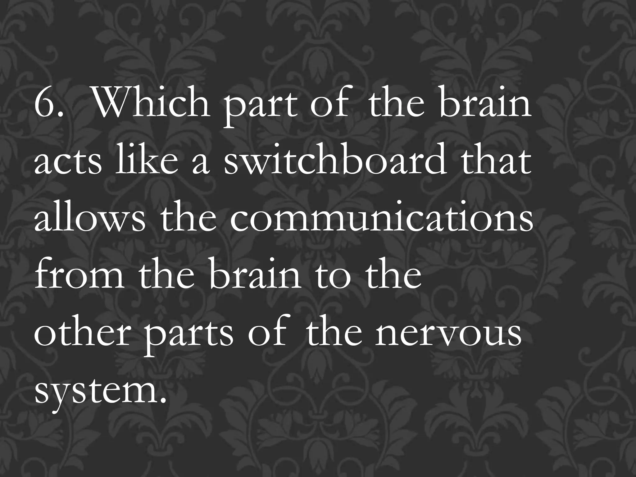 6. Which part of the brain
acts like a switchboard that
allows the communications
from the brain to the
other parts of the nervous
system.
 
