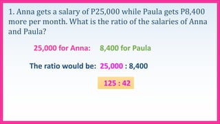 1. Anna gets a salary of P25,000 while Paula gets P8,400
more per month. What is the ratio of the salaries of Anna
and Paula?
25,000 for Anna: 8,400 for Paula
The ratio would be: 25,000 : 8,400
125 : 42
 