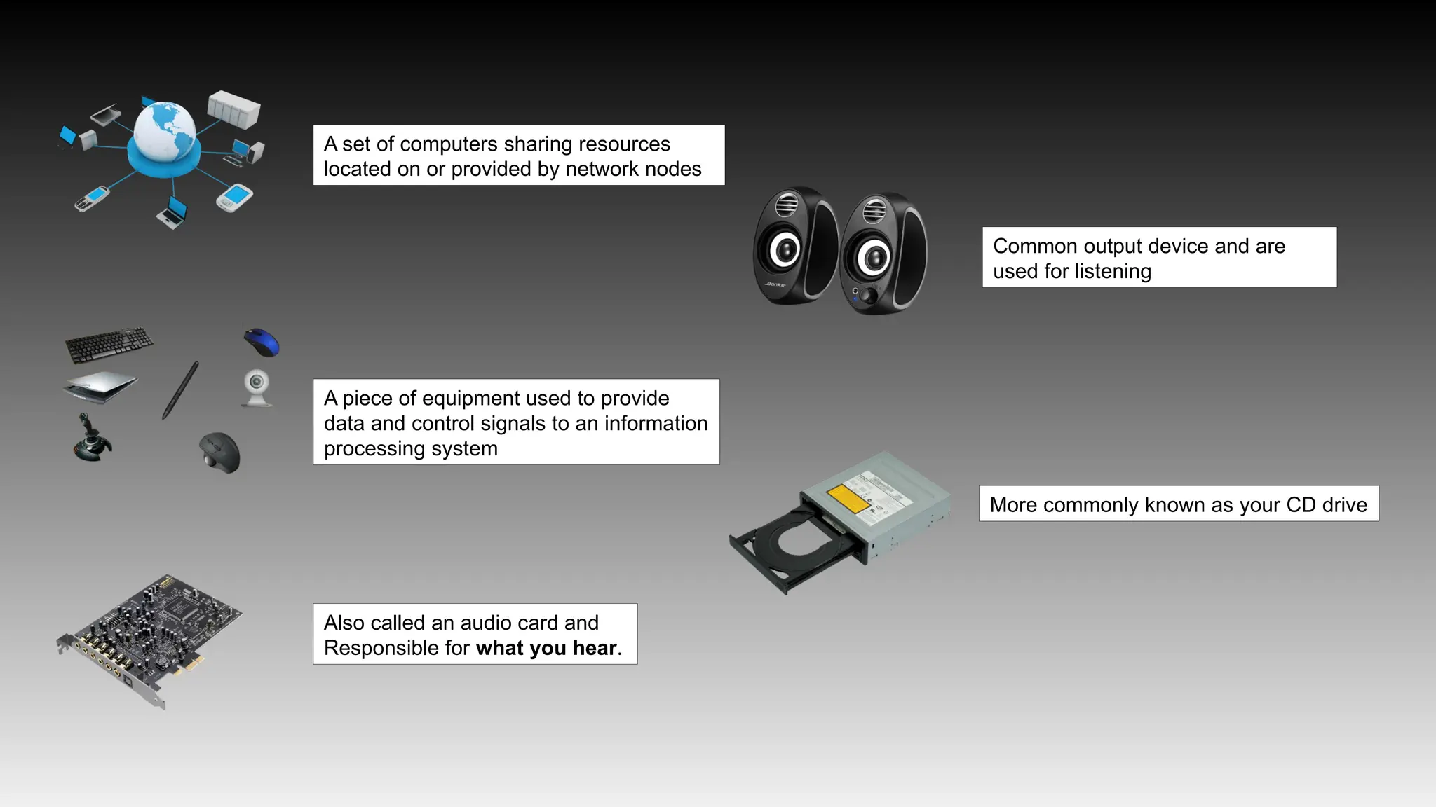 A set of computers sharing resources
located on or provided by network nodes
A piece of equipment used to provide
data and control signals to an information
processing system
Also called an audio card and
Responsible for what you hear.
Common output device and are
used for listening
More commonly known as your CD drive
 
