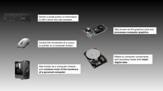 Sends a small portion of information
to tell it which key was pressed.
Control the movement of a cursor
or pointer on a computer screen
Also known as a computer chassis
and contains most of the hardware
of a personal computer.
Also known as the graphics card and
processes computer graphics.
Refers to computer components
and recording media that retain
digital data
 