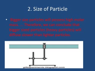 2. Size of Particle
• Bigger size particles will possess high molar
mass. ... Therefore, we can conclude that
bigger sized particles (heavy particles) will
diffuse slower than lighter particles.
 