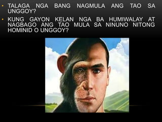 • TALAGA NGA BANG NAGMULA ANG TAO SA
UNGGOY?
• KUNG GAYON KELAN NGA BA HUMIWALAY AT
NAGBAGO ANG TAO MULA SA NINUNO NITONG
HOMINID O UNGGOY?
 