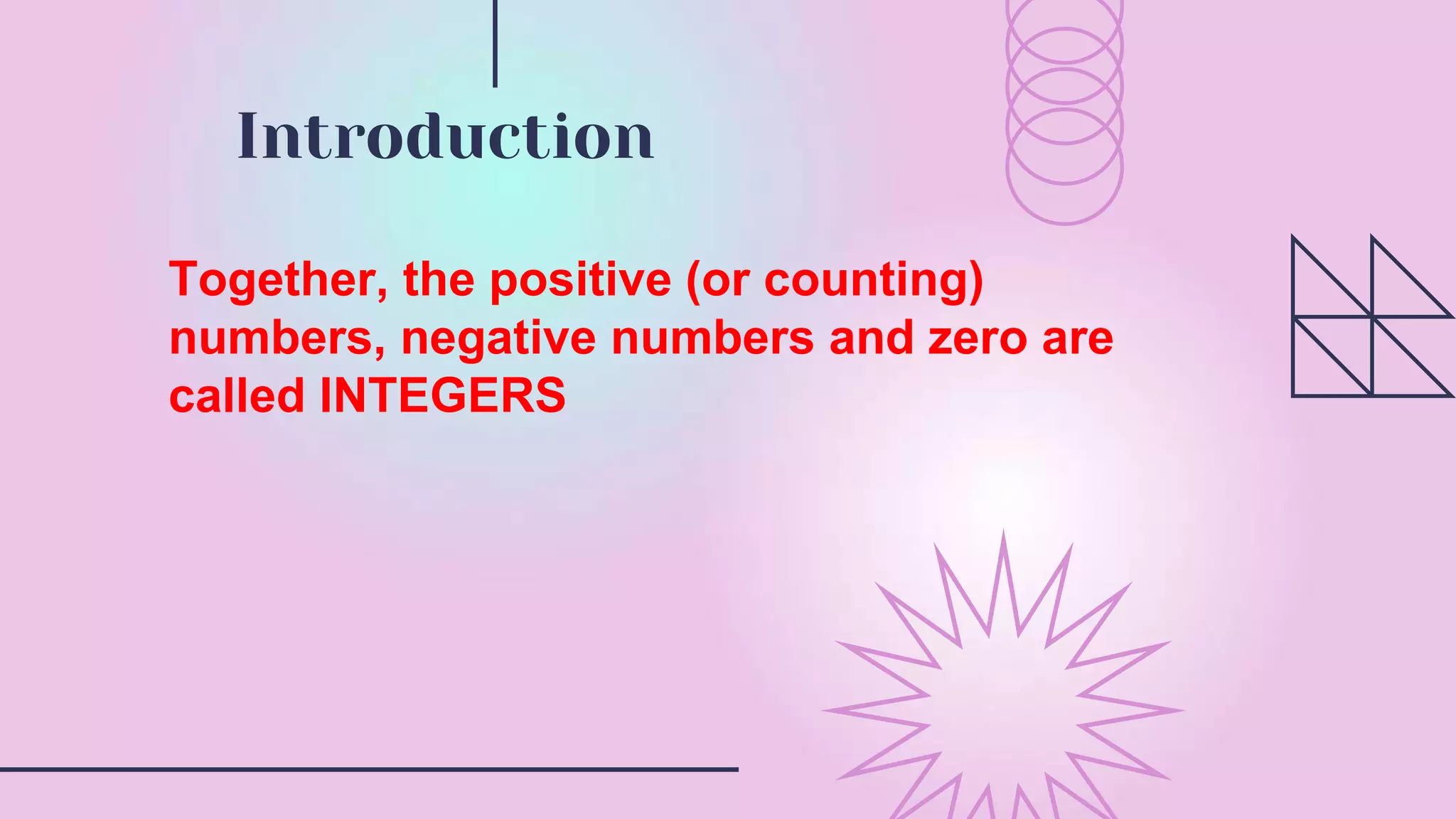 Introduction
Together, the positive (or counting)
numbers, negative numbers and zero are
called INTEGERS