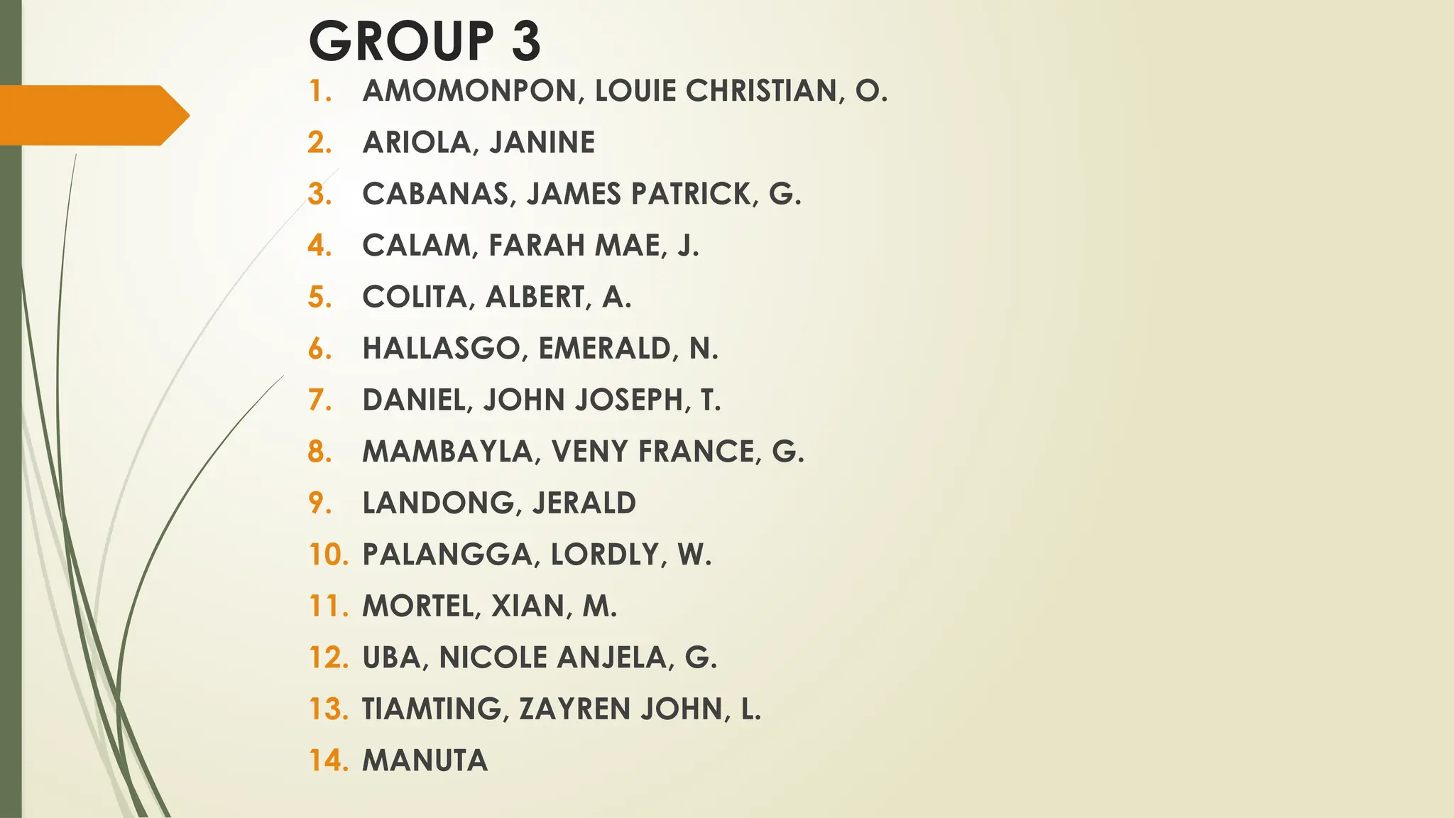 GROUP 3
1. AMOMONPON, LOUIE CHRISTIAN, O.
2. ARIOLA, JANINE
3. CABANAS, JAMES PATRICK, G.
4. CALAM, FARAH MAE, J.
5. COLITA, ALBERT, A.
6. HALLASGO, EMERALD, N.
7. DANIEL, JOHN JOSEPH, T.
8. MAMBAYLA, VENY FRANCE, G.
9. LANDONG, JERALD
10. PALANGGA, LORDLY, W.
11. MORTEL, XIAN, M.
12. UBA, NICOLE ANJELA, G.
13. TIAMTING, ZAYREN JOHN, L.
14. MANUTA
 