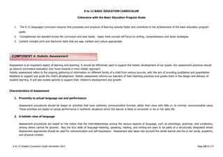 K to 12 BASIC EDUCATION CURRICULUM
K to 12 English Curriculum Guide December 2013 Page 13 of 171
Coherence with the Basic Education Program Goals
1. The K-12 languages curriculum ensures that processes and products of learning actively foster and contribute to the achievement of the basic education program
goals.
2. Competencies are spiraled across the curriculum and year levels. Upper level courses will focus on writing, comprehension and study strategies.
3. Content includes print and electronic texts that are age, context and culture appropriate.
Assessment is an important aspect of learning and teaching. It should be effectively used to support the holistic development of our pupils. Our assessment practices should
go beyond summative evaluation and move towards a more holistic approach.
Holistic assessment refers to the ongoing gathering of information on different facets of a child from various sources, with the aim of providing qualitative and quantitative
feedback to support and guide the child's development. Holistic assessment informs our teachers of their teaching practices and guides them in the design and delivery of
student learning. It will also enable parents to support their children's development and growth.
Characteristics of Assessment
1. Proximity to actual language use and performance
Assessment procedures should be based on activities that have authentic communicative function rather than ones with little or no intrinsic communicative value.
These activities are based on actual performance in authentic situations which the learner is likely to encounter in his or her daily life.
2. A holistic view of language
Assessment procedures are based on the notion that the interrelationships among the various aspects of language, such as phonology, grammar, and vocabulary,
among others cannot be ignored. Also the four skills of language-listening, speaking, reading, and writing-are seen to be parts of a structurally integrated whole.
Assessment approaches should be used for communication and self-expression. Assessment also takes into account the whole learner and his or her social, academic,
and physical context.
COMPONENT 4: Holistic Assessment
 