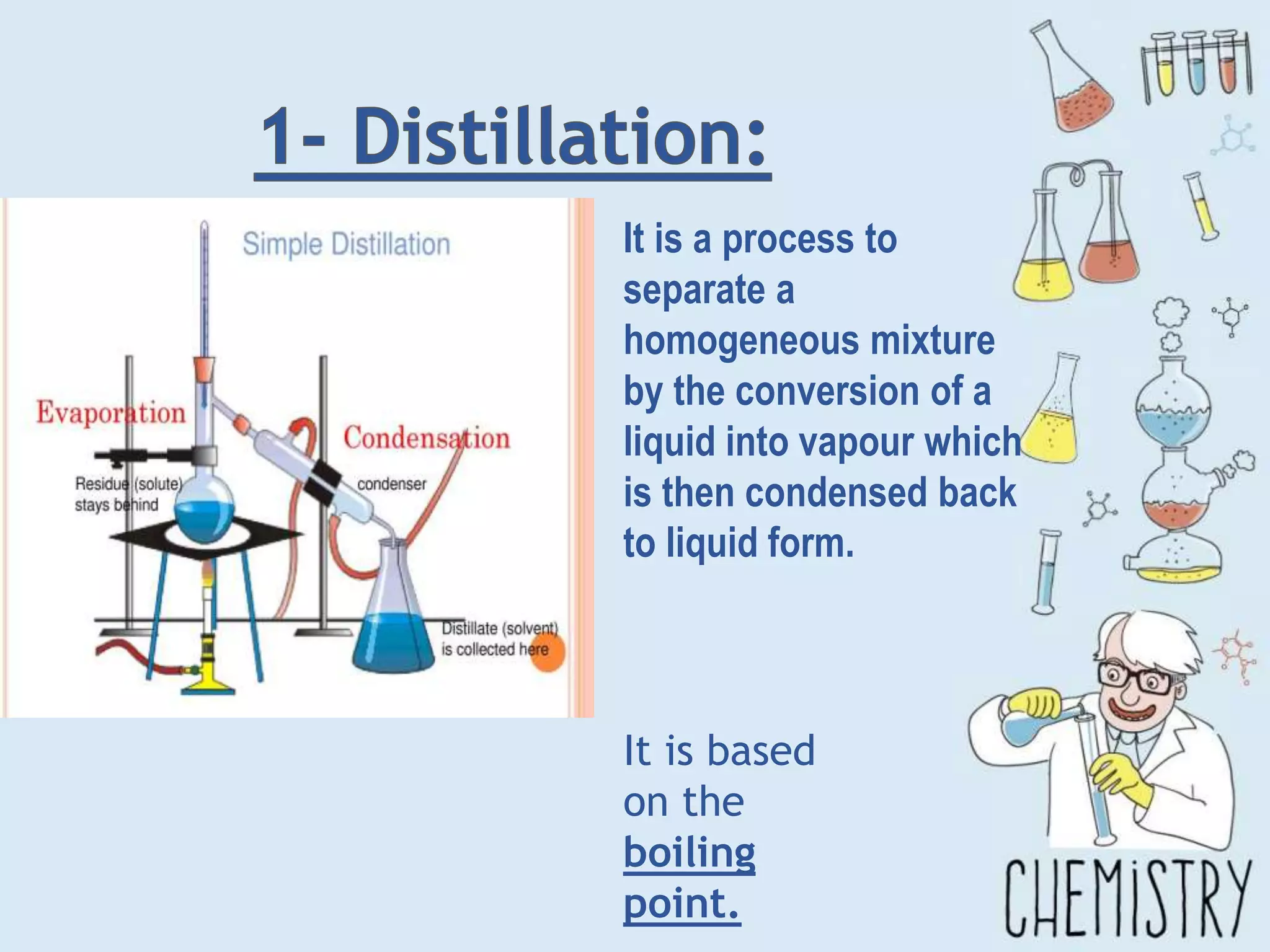 It is a process to
separate a
homogeneous mixture
by the conversion of a
liquid into vapour which
is then condensed back
to liquid form.
It is based
on the
boiling
point.
 