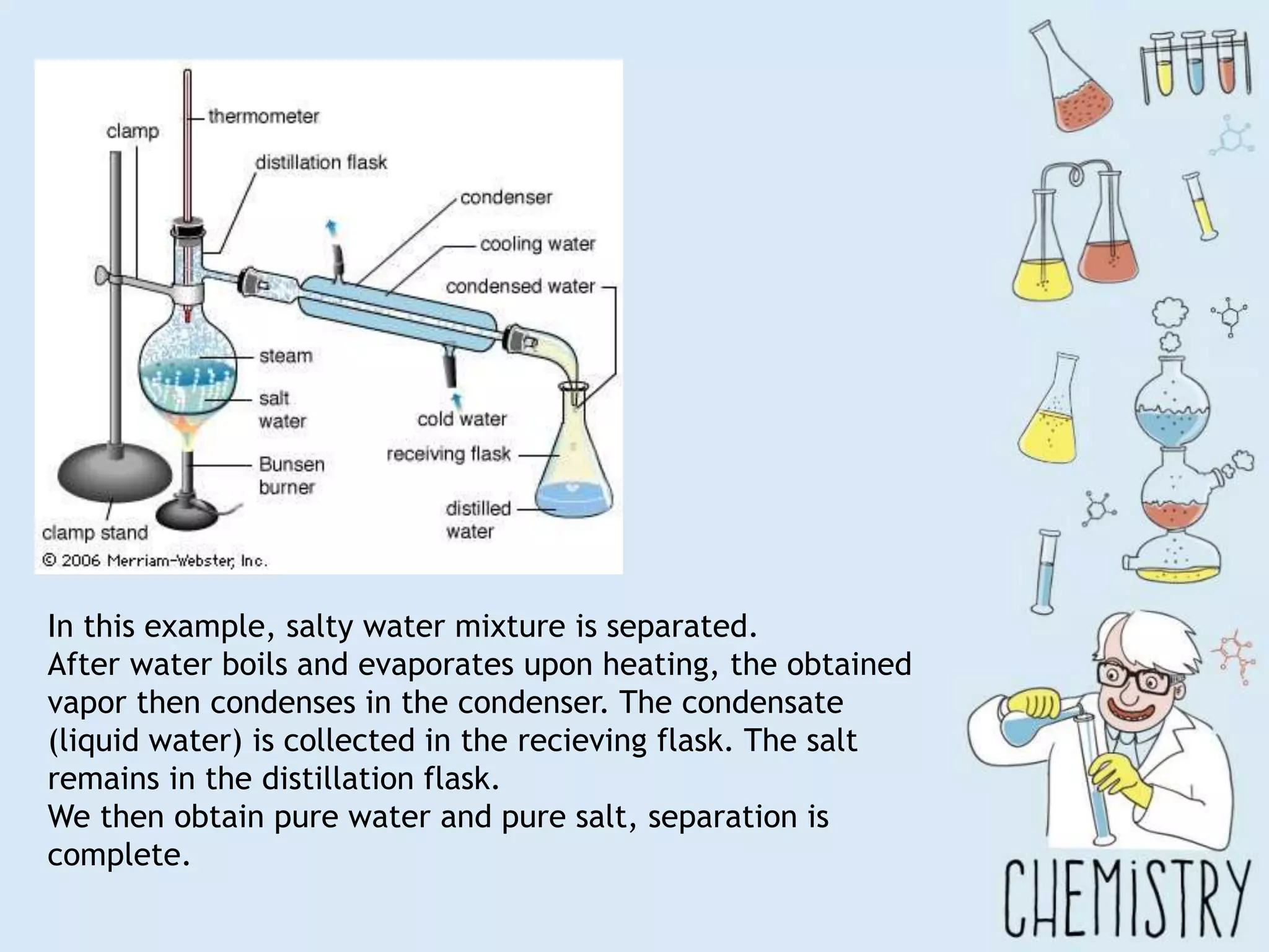 In this example, salty water mixture is separated.
After water boils and evaporates upon heating, the obtained
vapor then condenses in the condenser. The condensate
(liquid water) is collected in the recieving flask. The salt
remains in the distillation flask.
We then obtain pure water and pure salt, separation is
complete.
 