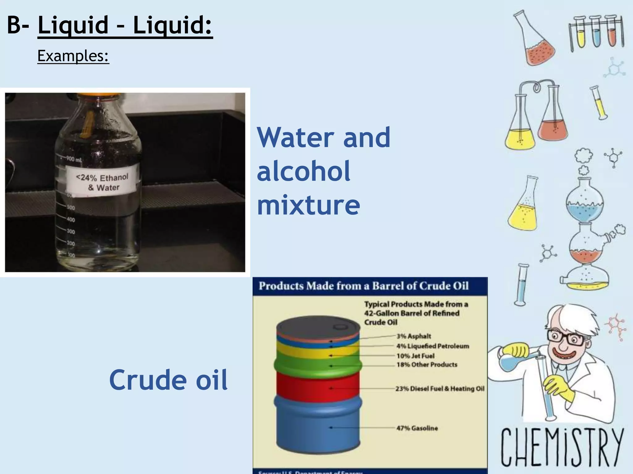 B- Liquid – Liquid:
Examples:
Water and
alcohol
mixture
Crude oil
 