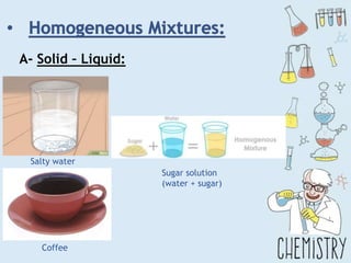 A- Solid – Liquid:
Salty water
Coffee
Sugar solution
(water + sugar)
 