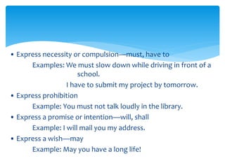 • Express necessity or compulsion—must, have to
Examples: We must slow down while driving in front of a
school.
I have to submit my project by tomorrow.
• Express prohibition
Example: You must not talk loudly in the library.
• Express a promise or intention—will, shall
Example: I will mail you my address.
• Express a wish—may
Example: May you have a long life!
 