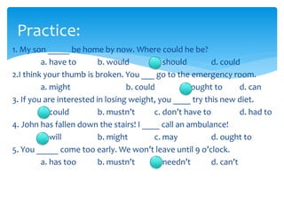 Practice:
1. My son _____ be home by now. Where could he be?
a. have to b. would c. should d. could
2.I think your thumb is broken. You ___ go to the emergency room.
a. might b. could c. ought to d. can
3. If you are interested in losing weight, you ____ try this new diet.
a. could b. mustn’t c. don’t have to d. had to
4. John has fallen down the stairs! I ____ call an ambulance!
a. will b. might c. may d. ought to
5. You _____ come too early. We won’t leave until 9 o’clock.
a. has too b. mustn’t c. needn’t d. can’t
 