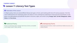 Overview of the Lesson
In Filipino poetry, there are several different literary text types or forms, each evolving with time to fit various purposes—from the
more traditional forms for expressing culture and values to more contemporary explorations of personal and social themes. In this
lesson, you will familiarize yourself with the poem's structures, styles, and content using Tanaga, Awit, Corrido, Balagtasan, Haiku,
Diona, and Free Verse.
Traditional Poetry
Focuses on expressing culture, heritage, fixed rhyme schemes, and syllable
counts deeply rooted in Filipino identity.
Contemporary Forms
Explores personal emotions, modern social themes, flexible structures, and
creative freedom.
Lesson 7: Literary Text Types
 