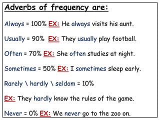 Adverbs of frequency are:
Always = 100% EX: He always visits his aunt.
Usually = 90% EX: They usually play football.
Often = 70% EX: She often studies at night.
Sometimes = 50% EX: I sometimes sleep early.
Rarely  hardly  seldom = 10%
EX: They hardly know the rules of the game.
Never = 0% EX: We never go to the zoo on.
 