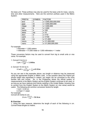 96
the base unit. These prefixes may also be used for the base units for mass, volume,
time and other measurements. Here are the common prefixes used in the Metric
System:
For example:
1 kilometer = 1,000 meters
1 millimeter = 1/1,000 meter or 1,000 millimeters = 1 meter
These conversion factors may be used to convert from big to small units or vice
versa. For example:
1. Convert 3 km to m:
2. Convert 10 mm to m:
As you can see in the examples above, any length or distance may be measured
using the appropriate English or Metric units. In the question about the Filipina girl
whose height was expressed in meters, her height can be converted to the more
familiar feet and inches. So, in the Philippines where the official system of
measurements is the Metric System yet the English System continues to be used, or
as long as we have relatives and friends residing in the United States, knowing how
to convert from the English System to the Metric System (or vice versa) would be
useful. The following are common conversion factors for length:
1 inch = 2.54 cm
3.3 feet ≈ 1 meter
For example:
Convert 20 inches to cm:
III. Exercise:
1. Using the tape measure, determine the length of each of the following in cm.
Convert these lengths to meters.
PREFIX SYMBOL FACTOR
tera T x 1,000,000,000,000
giga G x 1,000,000,000
mega M x 1,000,000
kilo k x 1,000
hecto h x 100
deka da x 10
deci d x 1/10
centi c x 1/100
milli m x 1/1,000
micro µ x 1/1,000,000
nano n x 1/1,000,000,000
 