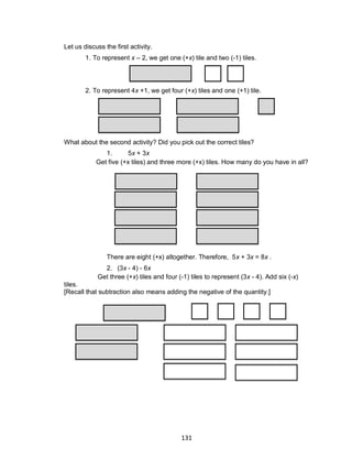 131
Let us discuss the first activity.
1. To represent x – 2, we get one (+x) tile and two (-1) tiles.
2. To represent 4x +1, we get four (+x) tiles and one (+1) tile.
What about the second activity? Did you pick out the correct tiles?
1. 5x + 3x
Get five (+x tiles) and three more (+x) tiles. How many do you have in all?
There are eight (+x) altogether. Therefore, 5x + 3x = 8x .
2. (3x - 4) - 6x
Get three (+x) tiles and four (-1) tiles to represent (3x - 4). Add six (-x)
tiles.
[Recall that subtraction also means adding the negative of the quantity.]
 